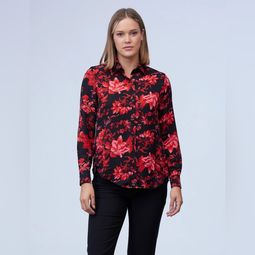 Philosophy Red and Black Floral Long Sleeve Blouse